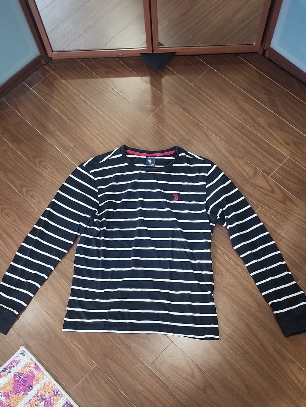 U.S. Polo Assn. Black & White Striped Long-Sleeve Tee with Red Logo Mens Medium